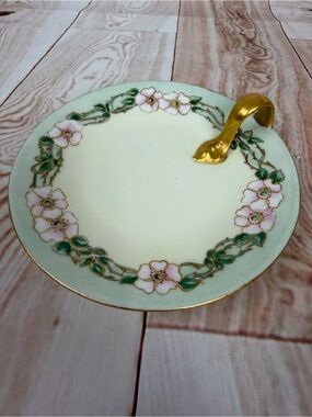 Longchamp Cream Floral Accent Tray with Pink Blossoms and Gold Handle